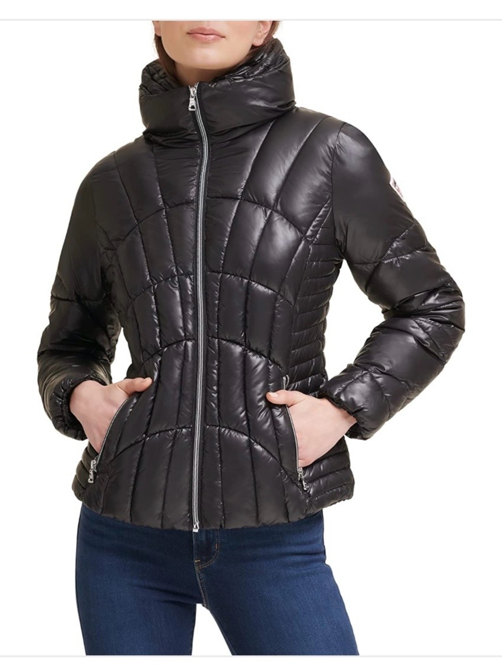 Guess - Women's Black Quilted Puffer Jacket with High Collar